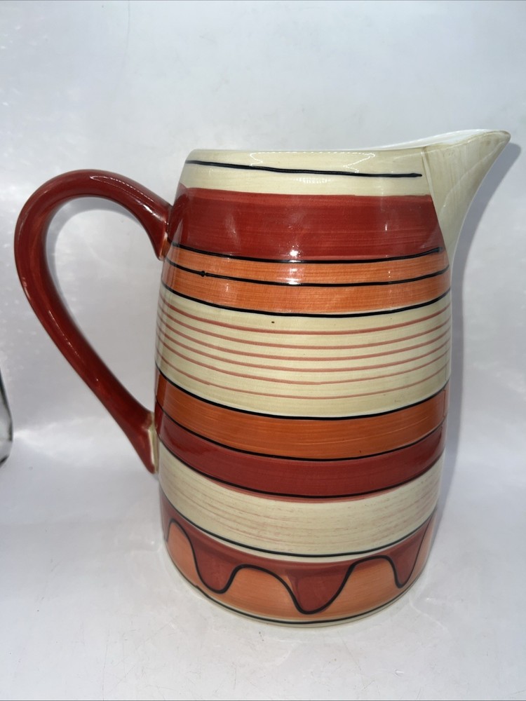 PFALTZGRAFF Hot Salsa Pitcher Dinnerware Stoneware Stripes Orange Red 80 Oz