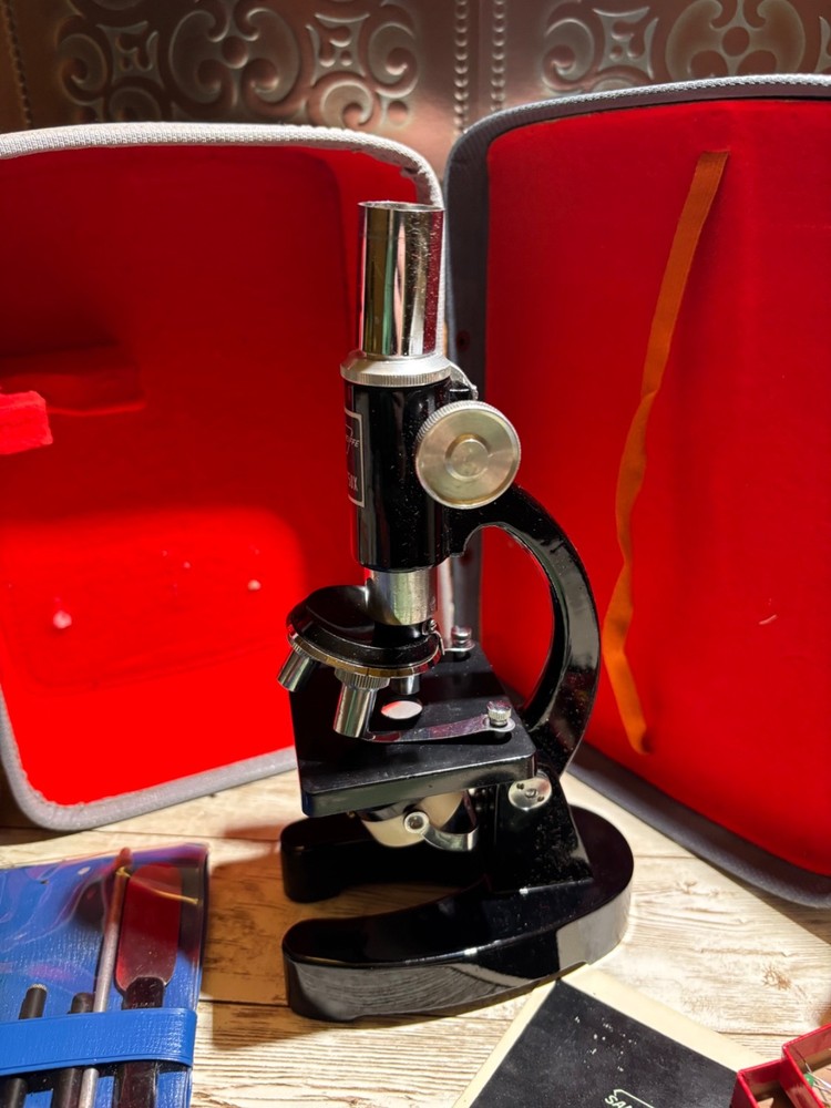 Vintage Sans & Steiffe Microcscope with case, tools and asst slides