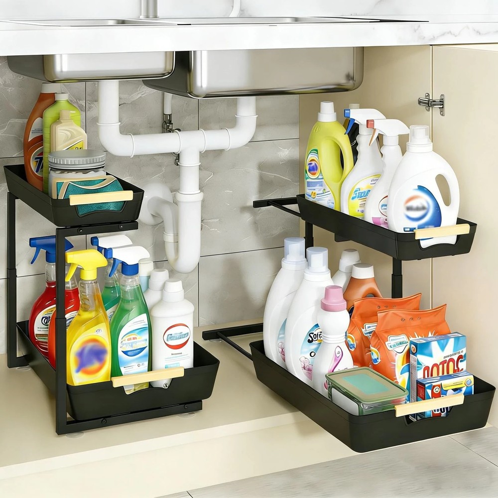 New Best 2 Pack Under Sink Organizer 2 Tier Pull Out Adjustable Height Cabinet