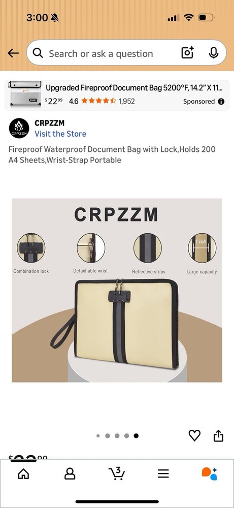 Fireproof Waterproof Document Bag with Lock,Holds 200 A4 Sheets,Wrist-Strap Port