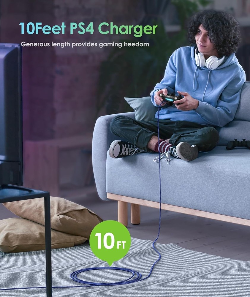 10FT Nylon Braided Micro USB Cables for PS4/Xbox Controllers - Fast Syncing