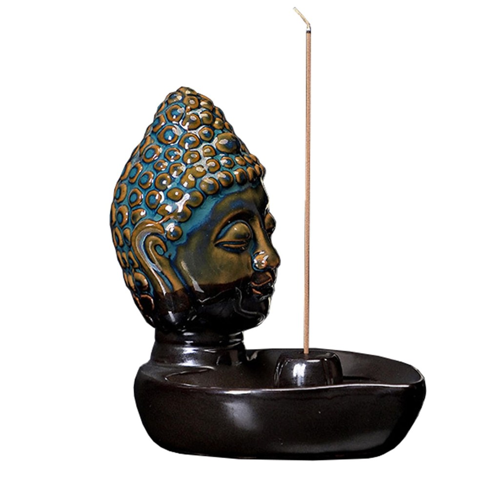 Buddha Head Incense Holder for Sticks, Small Ceramic Burner Blue