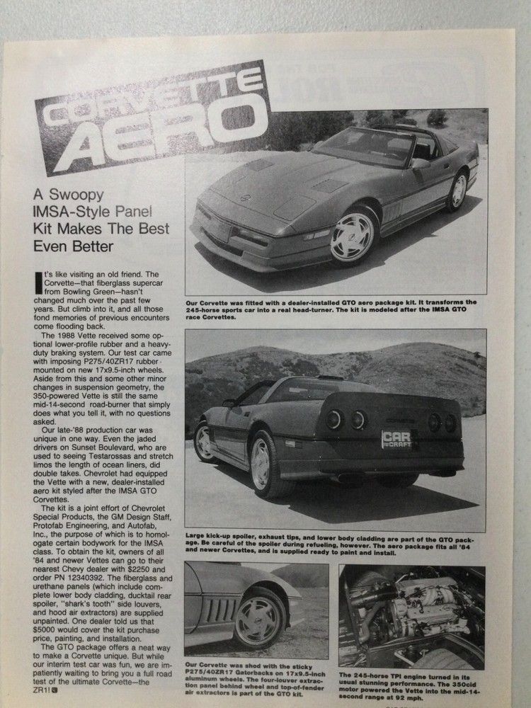 MISC2422 Vintage Article Corvette AERO IMSA Panel Kit Nov 1988 1 page