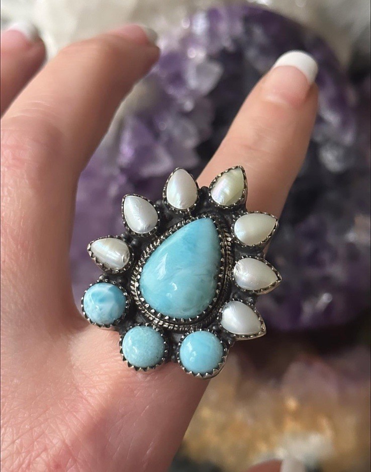 Larimar & Pearl Cluster Southwestern Sterling Silver Ring