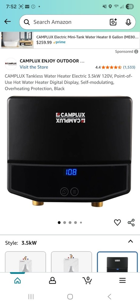 Camplux RV Tankless Water Heater Electric 3.5kW 120V Self Modulating WHITE