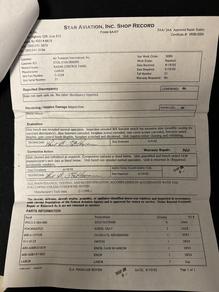 Radar Control Panel; G-2228; 21; REPAIRED