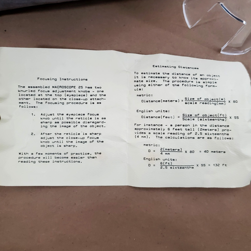 Macroscope 25 Optical Monocular Rangefinder w Case & Instructions