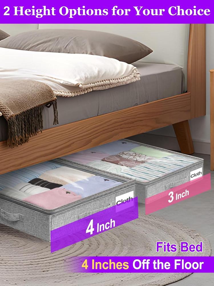 Under Bed Storage Containers, Foldable Low Profile Bags with Clear Lid, 2-Pack
