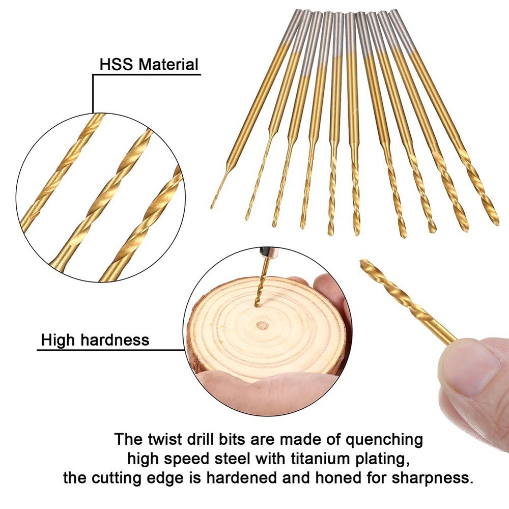Miniature Size Drill Bit Set 10Pcs HSS Bits for Wood Amber