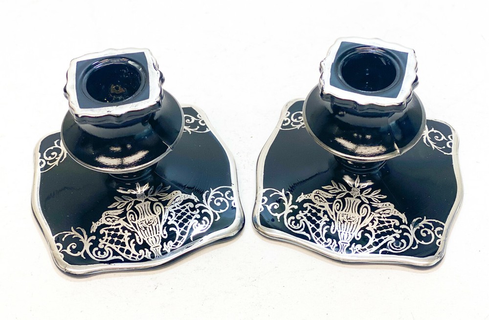 Pair Sterling Silver Overlay Black Amethyst Footed Candlestick Holders