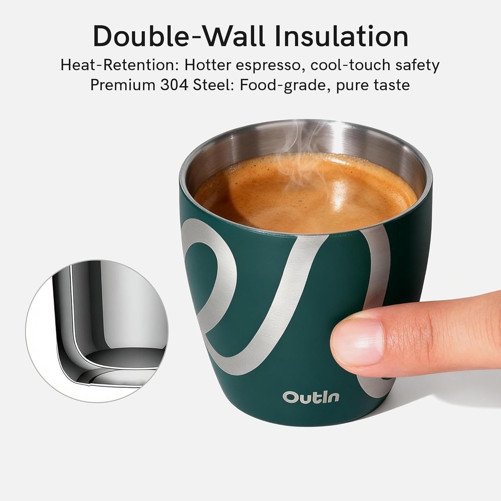 OutIn Espresso Cups 2 pack 75ml Double Wall Stainless Steel Shot Cups Stackable