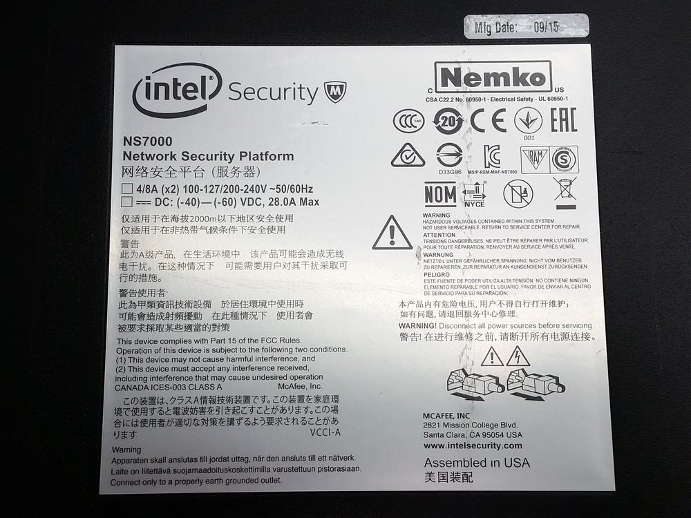 Intel Mcafee NS7100 Network Security IPS PLatform NS7000 W/ Interface Module