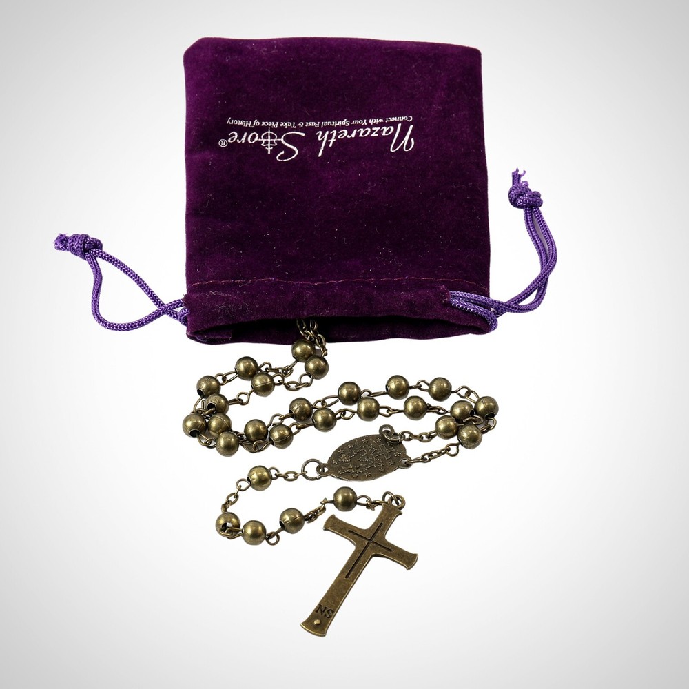 Bronze Beads Rosary Beaded Necklace Miraculous Medal WW2 Design and Jesus Cross