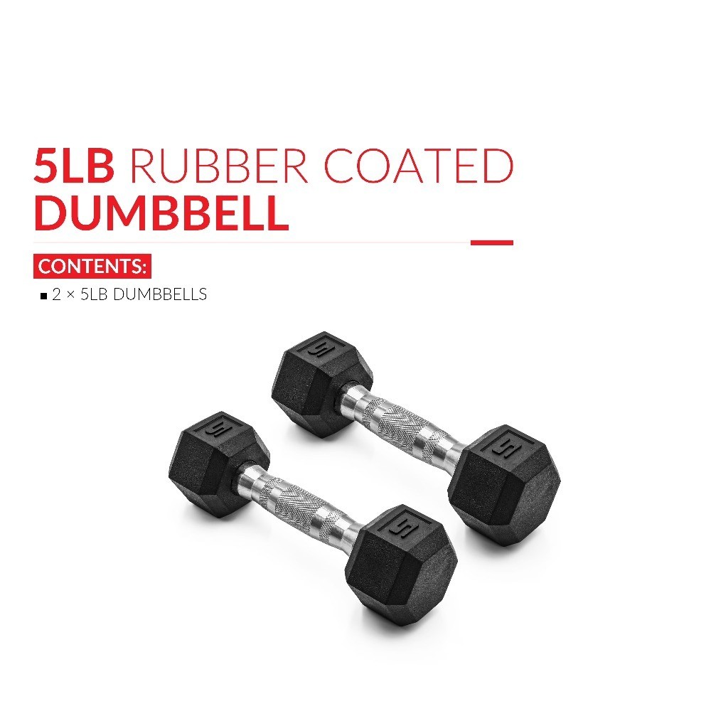Barbell, 5lb Coated Rubber Hex Dumbbell, Pair