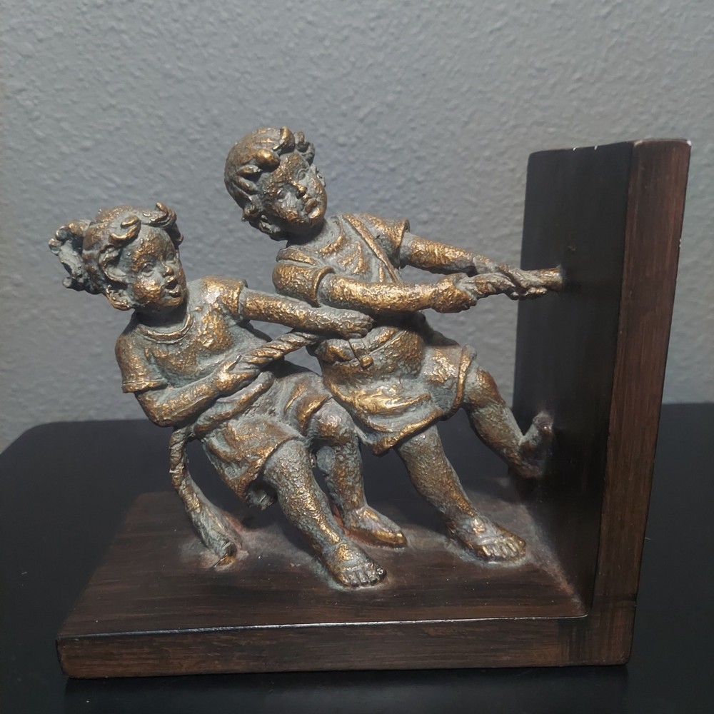 Vintage Bronze Toned Bookend Children Pulling Rope