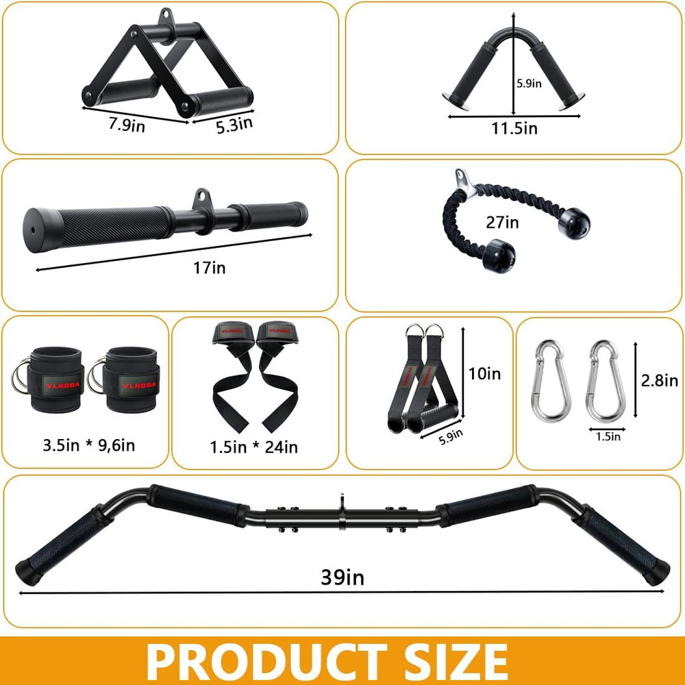 Cable Attachments for Gym – Triceps Rope, Lat Pull Down Bar & Handles Set