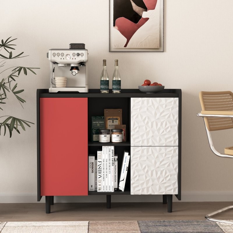 Sideboard Buffet Cabinet Modern Coffee Console with Storage,Red Doors,2 Drawers