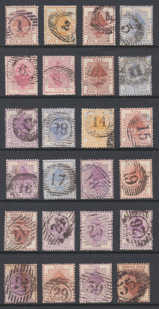 Orange Free State, 1868-1899 Orange Tree issues, 24 diff Numeral in Grid cancels
