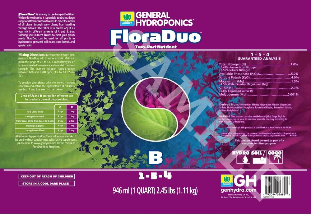 general hydroponics Flora Duo B 6 Gallon