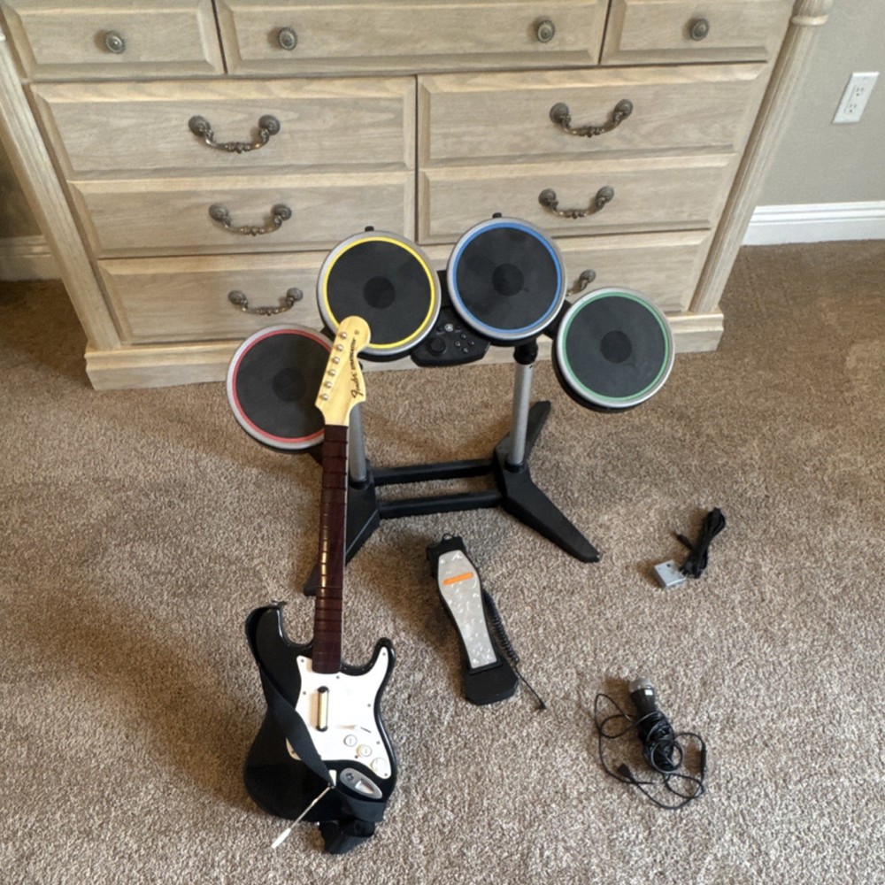 Rock Band Harmonix USB Guitar Drum Set Microphone Pedal Adapter Bundle