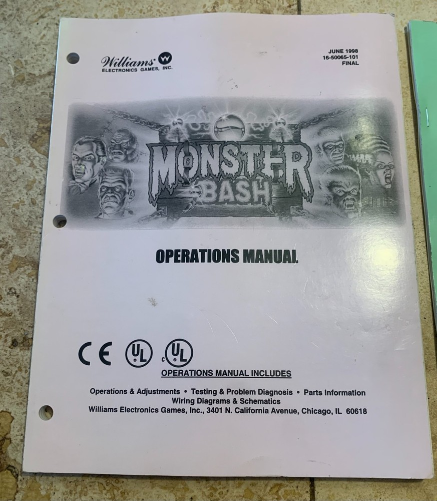 Original Monster Bash Williams Pinball arcade game and schematic manuals