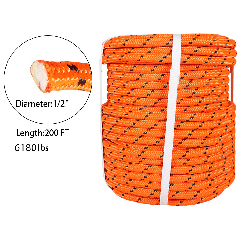 1/2"×200' Bull Rope Double Braid Polyester Rope 6180Lbs Breaking Strength Orange