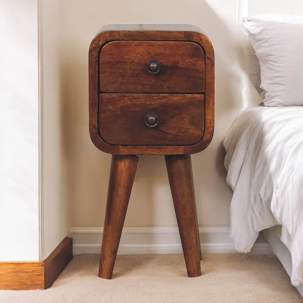 Solid  Wood Extra Mini Curved Chestnut  Nightstand, Solid mango wood