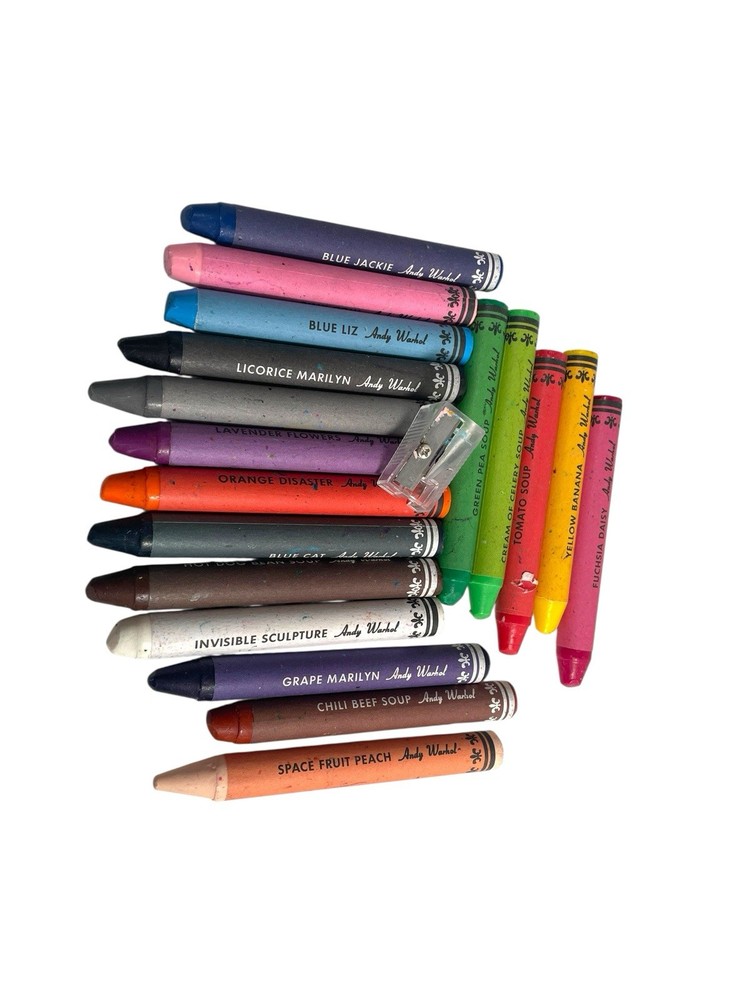 Andy Warhol Campbell’s Soup Crayon Tin 18 USED Crayons Sharpener