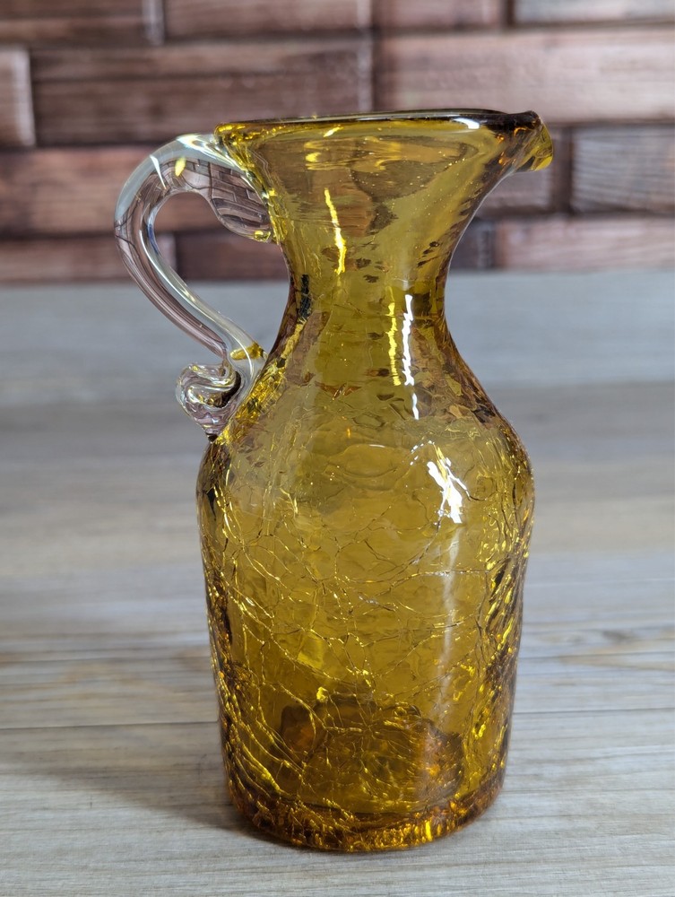 Amber Crackle Glass 4 3/4" Tall Pitcher With Pour Spout & Clear Handle