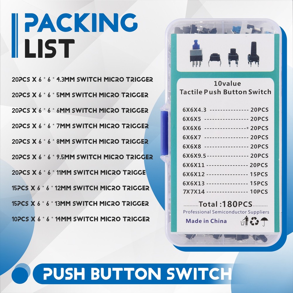 10 values 180 pieces tactile push button switch natural trigger instant 4165