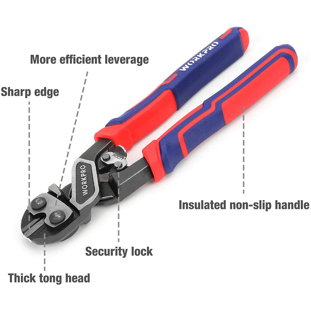 WORKPRO 8-inch Mini Bolt Cutter with Bi-Material Ergonomic Handle Security Lock