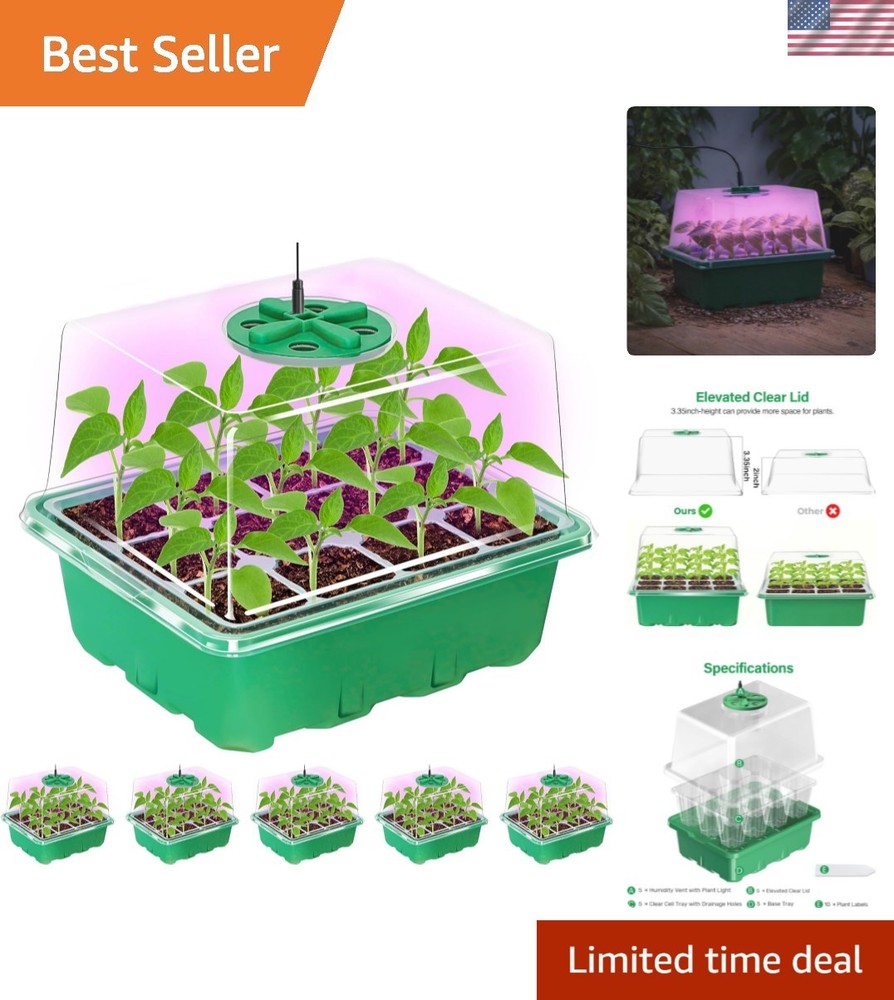 5 Pack Elevated Seedling Trays with Adjustable Humidity Domes & LED Growth Light