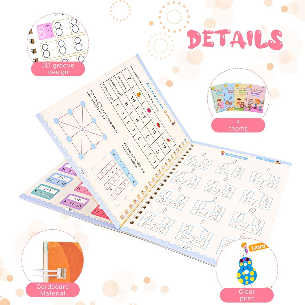PEOCEFOY 4 Pc Magic Grooved Practice Copybook,Reusable Writing...