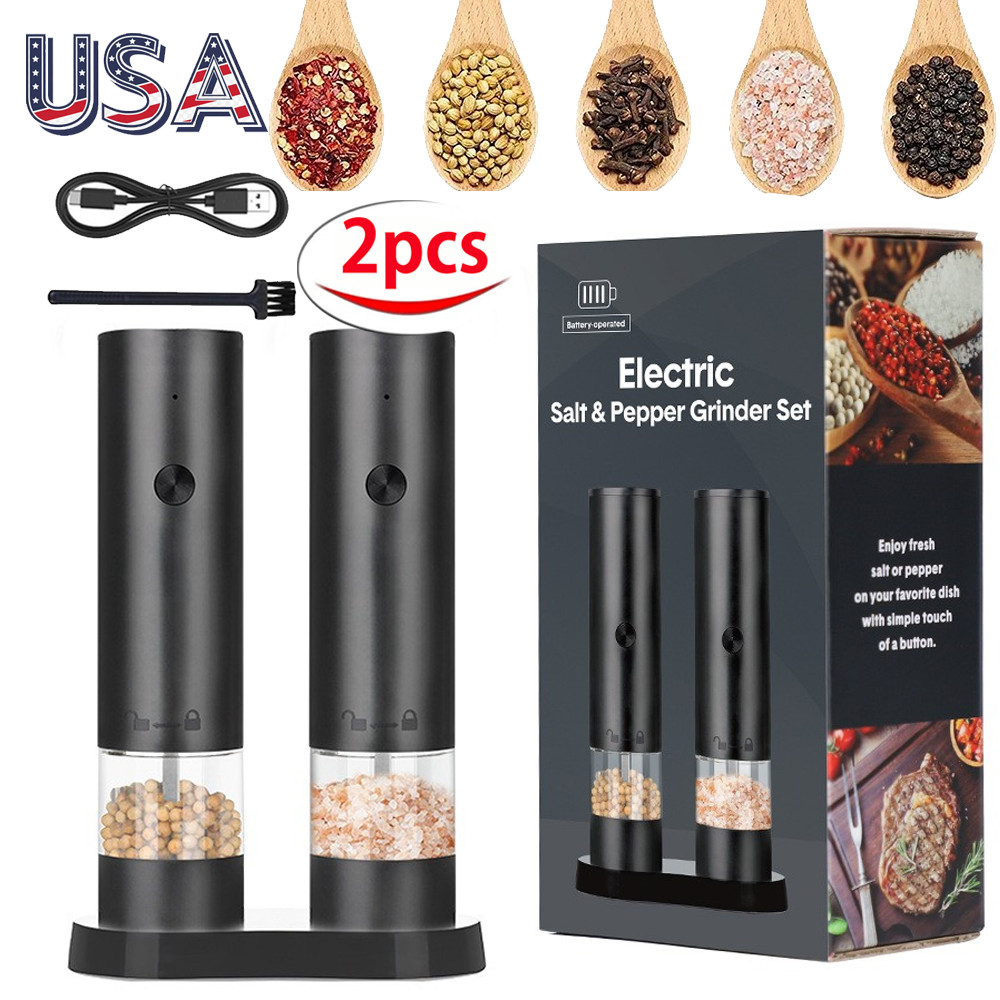 2PCS Electric Salt and Pepper Grinder Set Automatic Grinder w/ Rechargeable Base