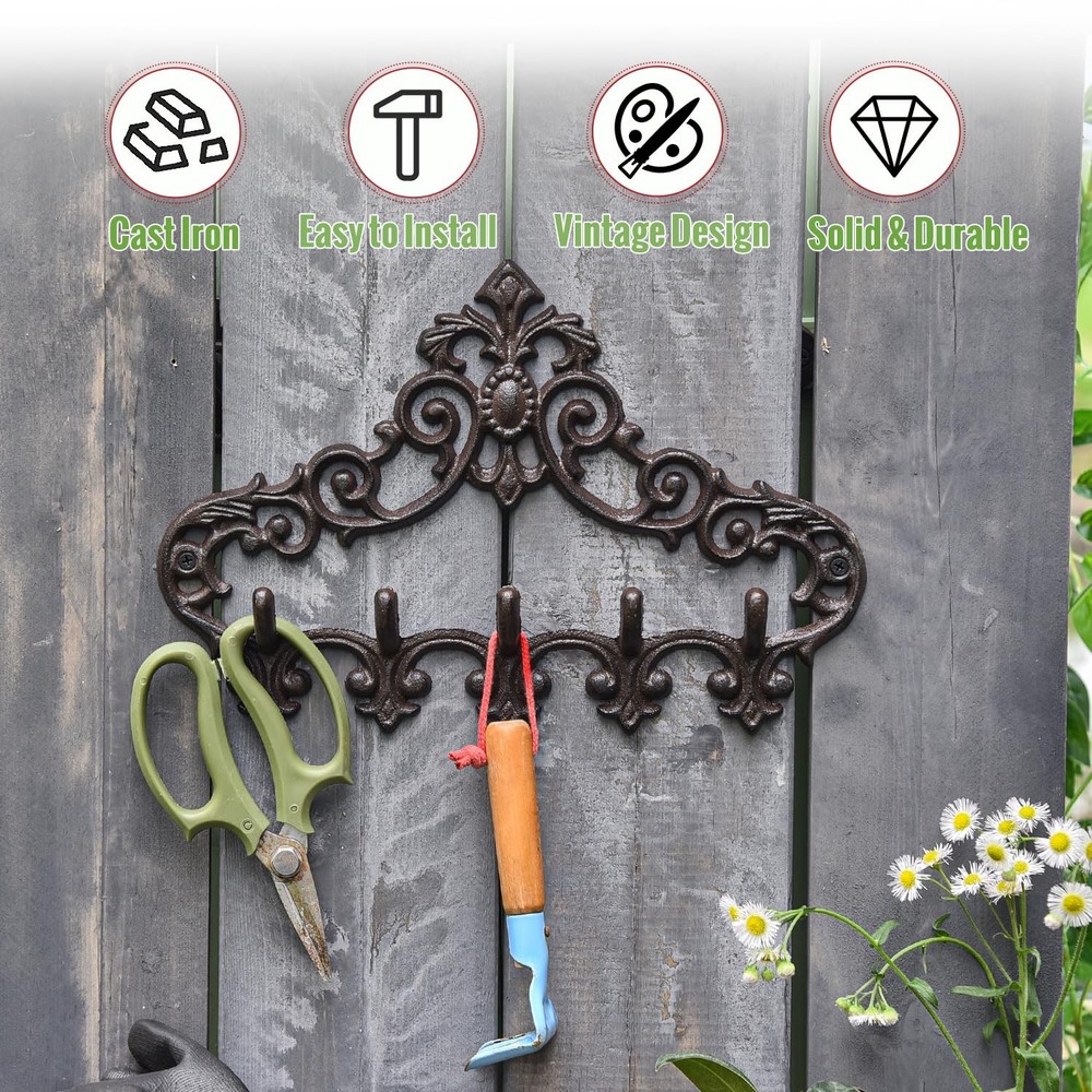 Cast Iron Rustic Coat Hook Hanger with 5 Hooks - Practical Iron Storage Organ...
