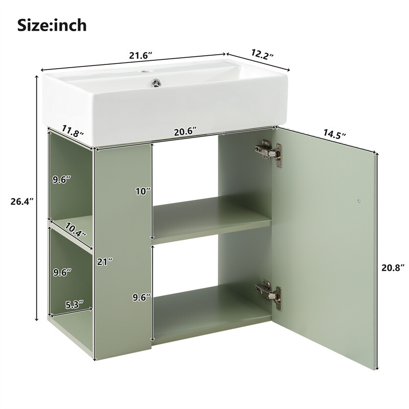 21.6" Modern Small Floating Bathroom Vanity w/Ceramic Basin & Left Side Storage