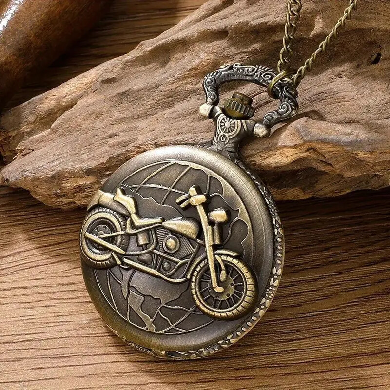 New Analog Quartz Pocket Watch Bronze Motorcycle Pattern Design