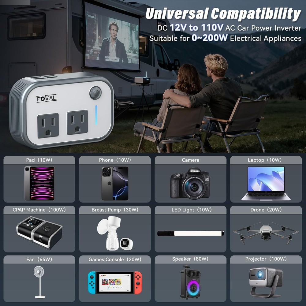 Multi-Protection 200W Car Power Inverter - Essential Accessory for Road Trips