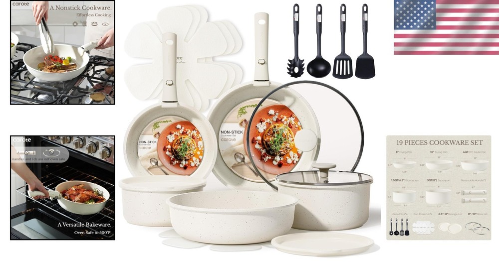 Versatile 19 Piece Cookware Set, Nonstick, Removable Handle