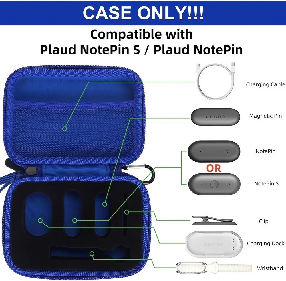Compact Blue Hard Case for Plaud Note S - All Accessories Included & Protected