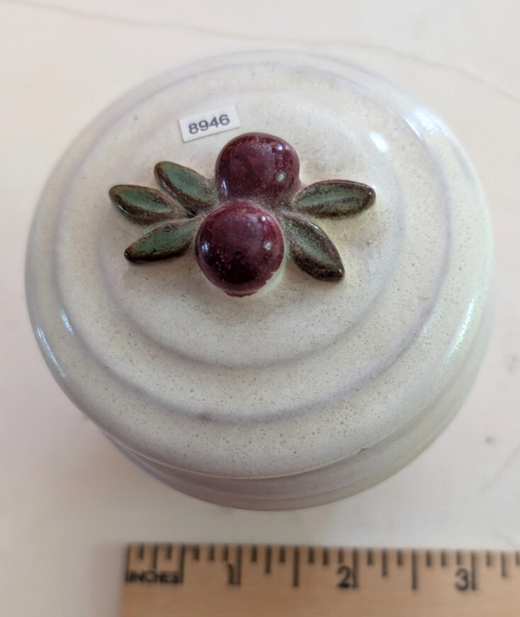 Pottery Covered Container about 3" tall, signed on the bottom