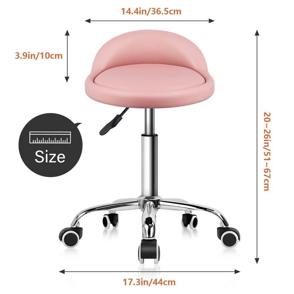 PU Leather Round Rolling Stool with Back Rest Height Adjustable Swivel Drafti...