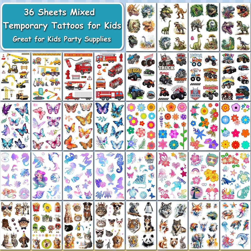 CHARLENT Temporary Tattoos for Kids - 320 Mixed Styles (36 Medium, Multicolor