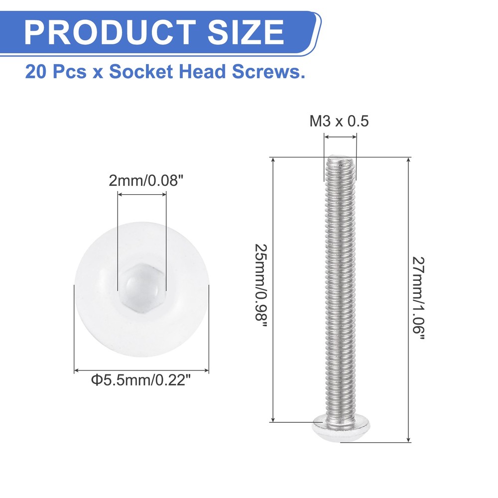 20 Pcs M3-0.5 x 25mm Button Head Socket Cap Screw Machine Screw, White