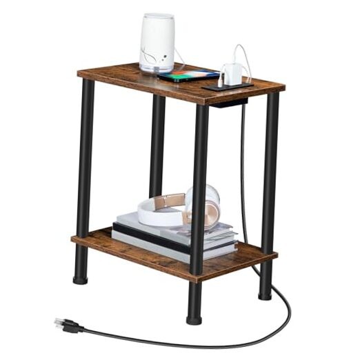 Side Table with Charging Station, End Table with USB 1 Rustic Brown + Black