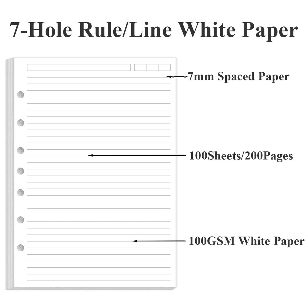 7-Hole Lined Paper Refills for Mini Binder - 100 Sheets/200 Pages 7 White