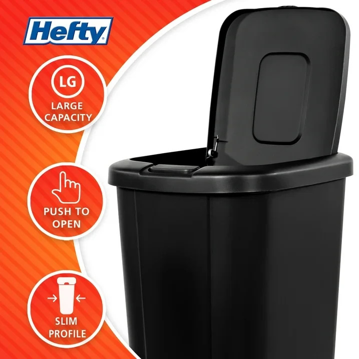 Hefty Kitchen Trash Can, 13.3 Gallon Plastic Touch Top Garbage Bin with Push But