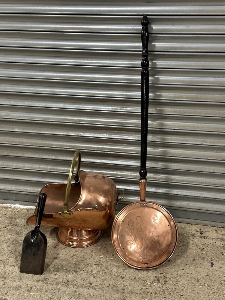 Antique 19thC Copper Coal Scuttle With Pin Hammered Pattern Bed Warmer