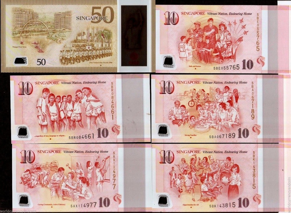 SINGAPORE 10x 5 Diff+ 50 Dollar 2015 POLYMER Complete Set Commemorative UNC NOTE