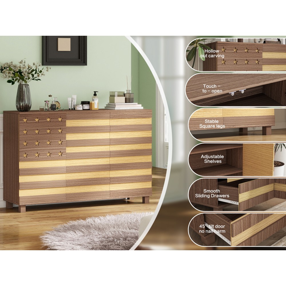 55" Buffet Brown Sideboard Cabinet,2 Drawers, 3 Doors, Adjustable Shelf